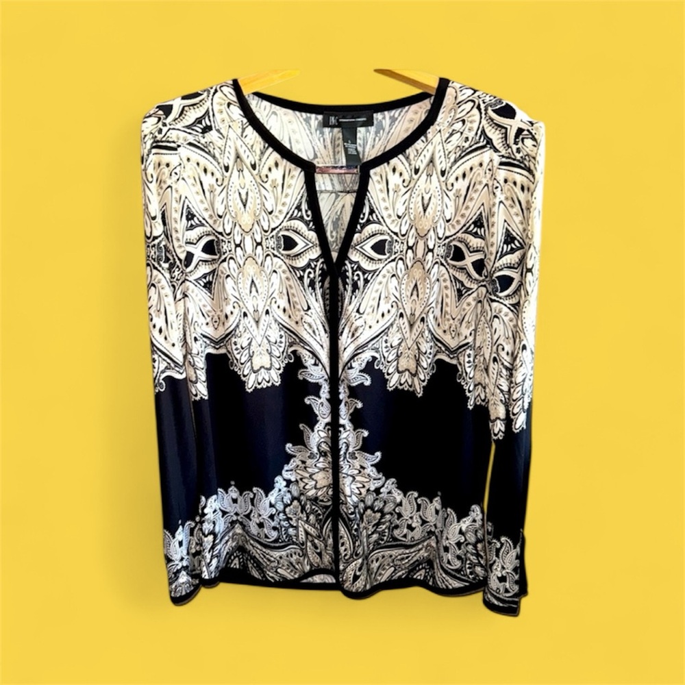INC Womens Large Long Sleeve Printed Pullover Top Black & Ivory Career Blouse